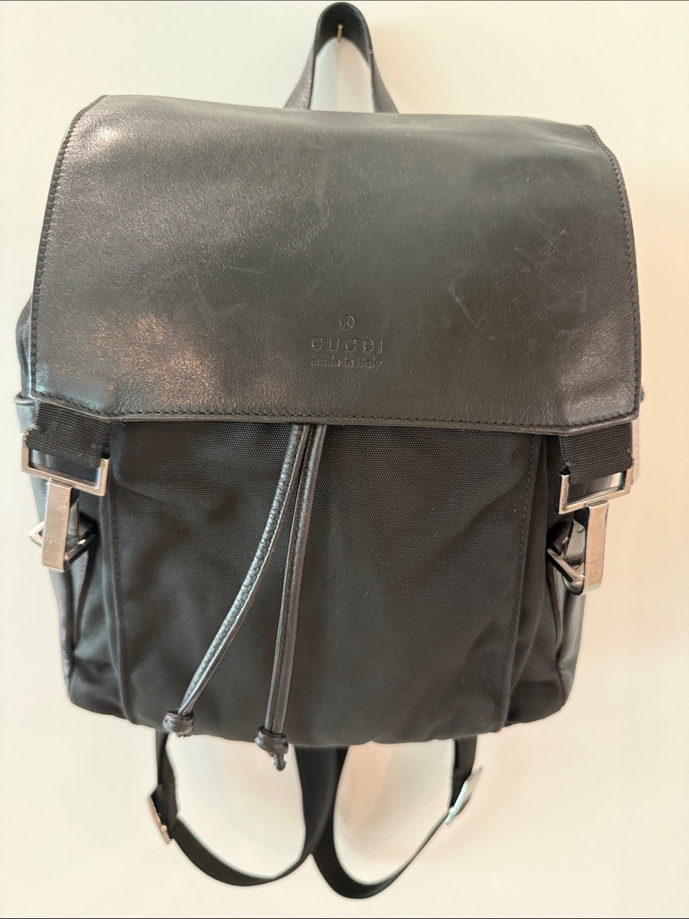 Vintage Gucci Black Nylon Leather Drawstring Backpack